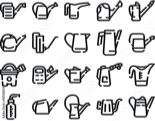 Collection of watering cans and gardening tools in a modern line icon style, representing concepts of horticulture, plant care, irrigation, and garden maintenance