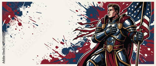 Soldier in Armor Holding American Flag Honoring Memorial Day with Dignity