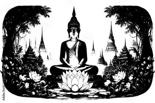 Black and white silhouette of seated Buddha statue with lotus pond and Southeast Asian stupas