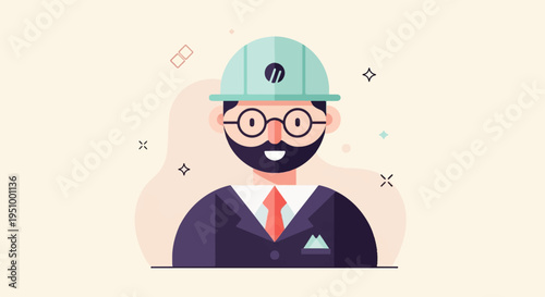 Stylized portrait of a smiling engineer wearing a hard hat and suit
