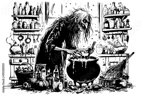 Black and white detailed ink drawing of old hag stirring pot with bottles broom and pumpkins