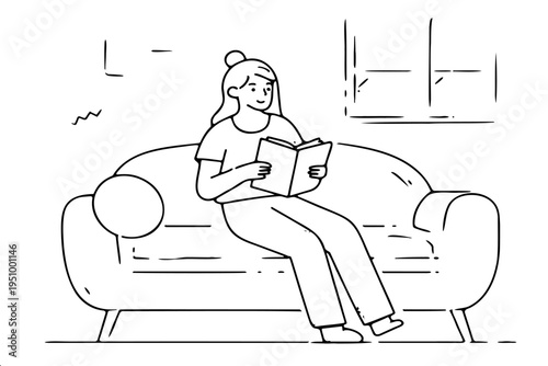 Black and white line drawing of young woman relaxing on sofa with book by window with pillow