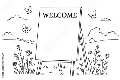 Black and white line drawing of easel sign with welcome text in field with wildflowers and clouds