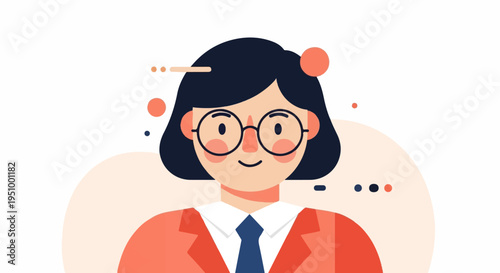 Stylized portrait of a woman wearing glasses and a suit, abstract shapes