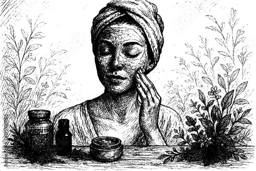 Black and white engraving style illustration of woman in towel with skincare products and herbs