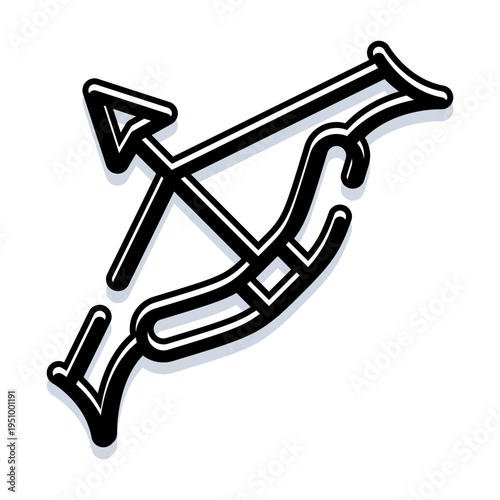 Sagittarius zodiac sign illustration depicting a stylized bow and arrow symbolizing astrology, personality traits, and ancient traditions on a white background