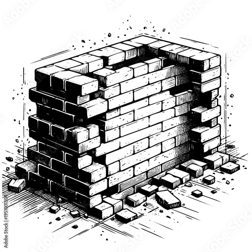 Black and white ink illustration of masonry blocks pile with rubble debris and shadows