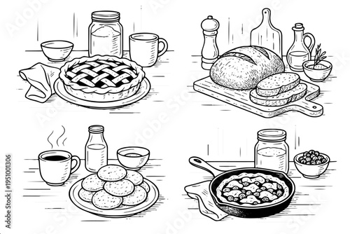 Black and white four panel illustration of baked goods with coffee milk jar and cooking items