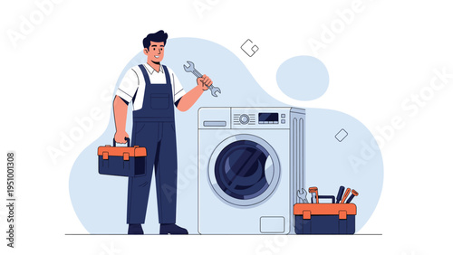 Friendly repairman in blue overalls stands next to a washing machine while holding a wrench and a toolbox for maintenance.
