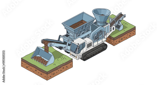 Illustration of an excavator loading soil into a mobile crushing machine for processing on a construction site.