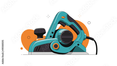 Modern electric hand planer tool for woodworking is shown against an abstract background with orange and white shapes.