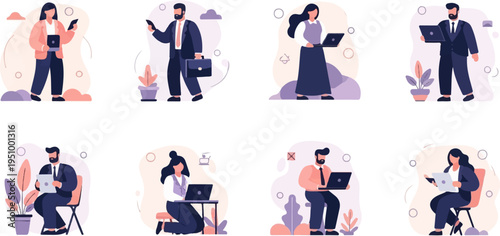 Stylized vector graphics of diverse individuals engaged with technology in a work context