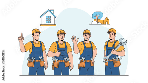 Team of four professional construction workers in blue overalls and yellow hard hats stands ready with their tools.