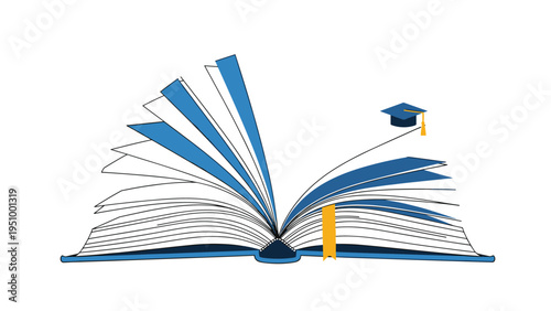 Open book with pages fanning out is topped with a blue graduation cap to represent education and academic achievement.