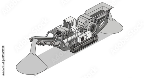 Detailed isometric illustration of a mobile tracked crushing and screening machine, processing aggregate material into stockpiles.