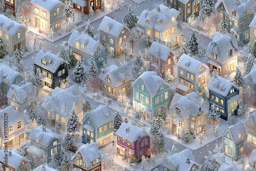 Snow covered houses in seamless isometric winter town pattern with glowing windows and snow falling gently, creating cozy and festive holiday atmosphere