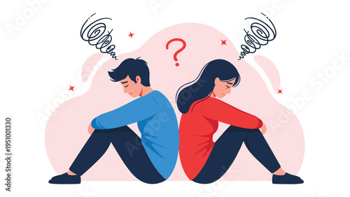 Sad young couple sits back to back on the floor with distressed expressions and swirling thought bubbles above their heads.
