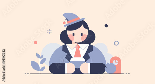 Stylized woman in a suit with a festive hat and tie, surrounded by abstract elements