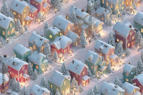 Seamless isometric winter town pattern with snow covered houses and pine trees, glowing warm lights create cozy festive atmosphere in this charming holiday neighborhood