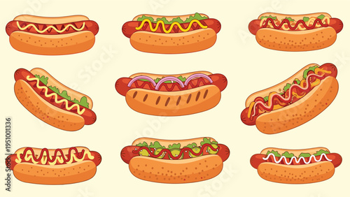 Selection of nine different hot dogs with various toppings like mustard, ketchup, onions, and relish is shown on a grid.