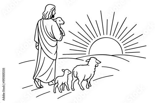 Black and white religious illustration of Christ holding baby sheep with flock and sun rays