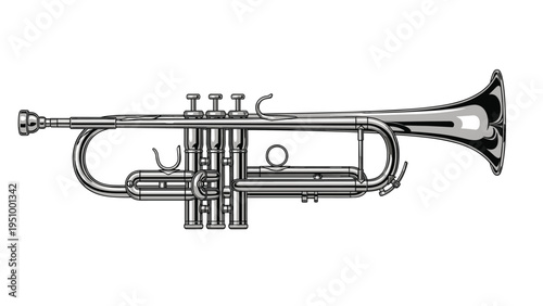 Shining silver trumpet musical instrument is depicted in a detailed side view illustration against a plain background.