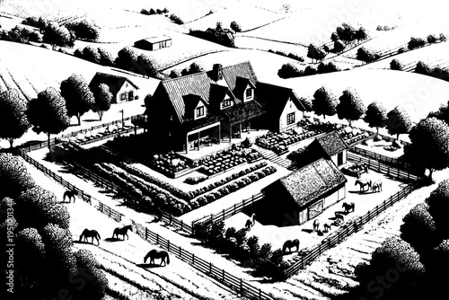 Black and white detailed bird eye view of ranch property with barns houses fences and grazing animals
