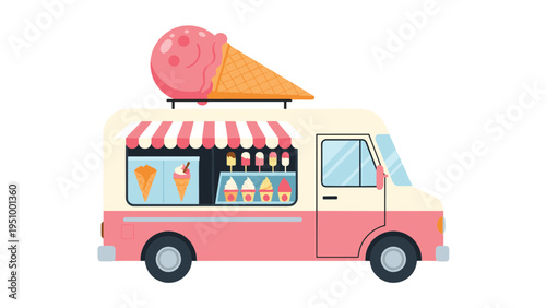 Cheerful pink and cream ice cream truck features a giant strawberry scoop on the roof and various treats in the window.