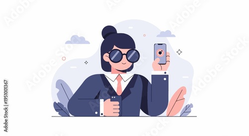 Stylized woman in suit and sunglasses holds phone showing an eye icon