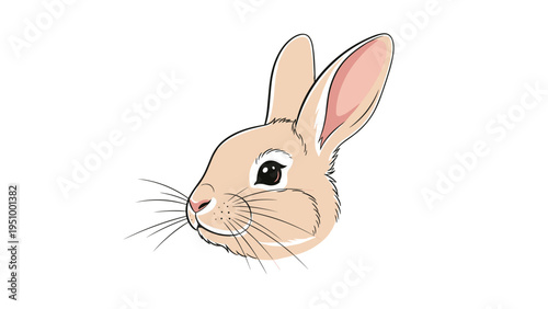 Cute illustration of a light brown rabbit head with long ears and long whiskers is centered on a plain white background.