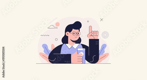 Stylized woman with glasses holds phone, pointing up with one finger