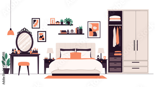 Cozy bedroom interior with a stylish vanity table, comfortable bed, and a large wardrobe organized with clothes and storage boxes.