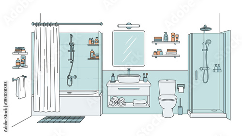 Modern bathroom interior design set featuring a bathtub, sink vanity, toilet, and a glass shower stall with various toiletries and towels.