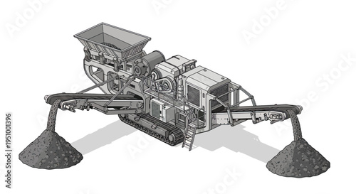Illustration of a mobile crushing machine with conveyor belts depositing aggregate into piles.
