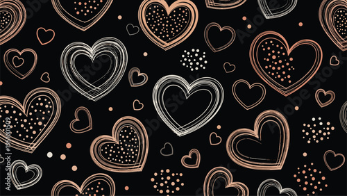 Romantic seamless pattern featuring many hand drawn hearts in white, gold, and pink colors scattered on a deep black background for design.