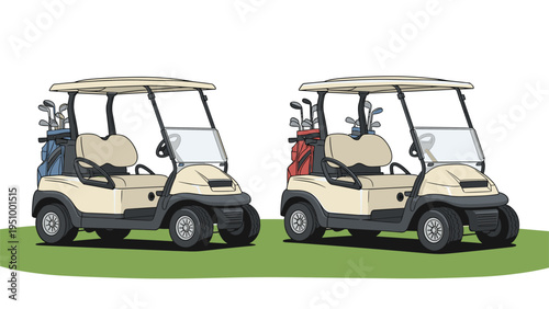 Two modern beige golf carts with bags of clubs parked side by side on a green grassy area against a clean white background for copy space.