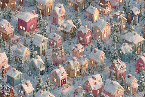 Snowy village with colorful houses and pine trees covered in snow, warm glowing windows create cozy winter atmosphere in this seamless isometric Christmas pattern