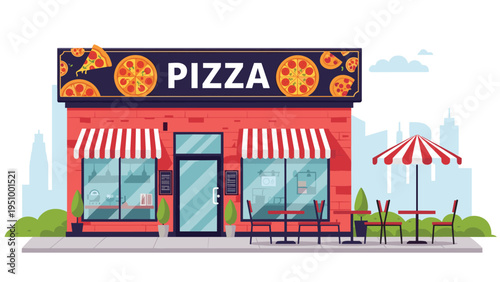 Charming pizza restaurant storefront with brick walls, striped awnings, and outdoor seating area under a classic red and white umbrella.