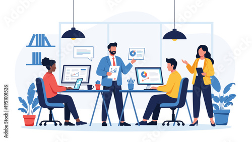 Diverse group of business professionals working together in a modern office, using computers and discussing data charts during a meeting.