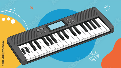 Modern electronic keyboard musical instrument featuring many keys and control buttons on a colorful abstract background with music notes.