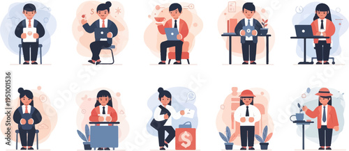 Ten business professionals engage in various workplace activities and tasks