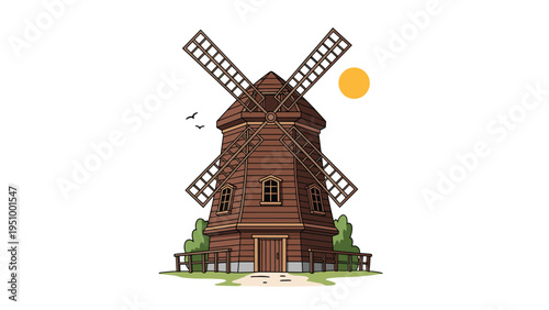 Traditional wooden windmill standing in a green field with a bright orange sun and small birds flying in the background on a white sky.