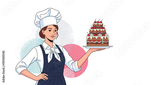 Smiling female pastry chef in uniform and apron proudly presenting a large three tier chocolate cake decorated with cream and cherries.