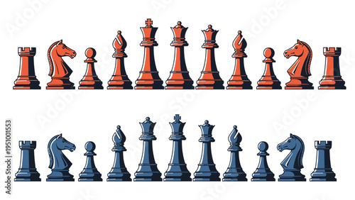 Two complete rows of red and blue chess pieces arranged as a full set from king to pawn for game strategy concepts on white background.
