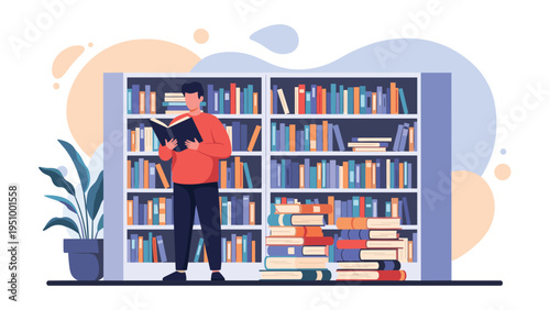 Young man reading a book while standing in front of large bookshelves in a quiet library with many stacks of books on the floor nearby.