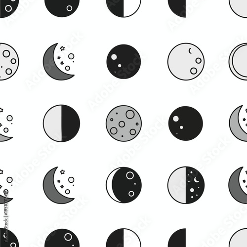 Seamless pattern of various moon phases and celestial bodies, with stars