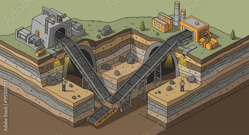 Isometric illustration of an open-pit coal mine with conveyor belts transporting extracted minerals to a processing plant.
