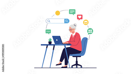 Elderly woman sitting at a desk and using a laptop with various social media and communication icons floating above her in a semi-circle.