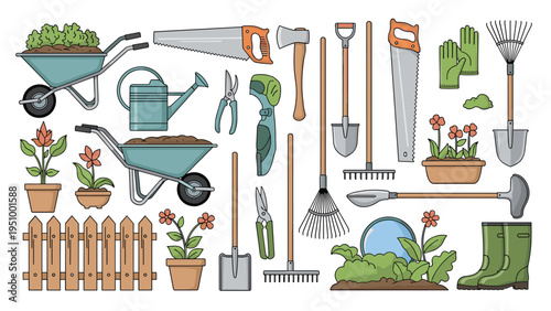 Large collection of essential gardening tools including a wheelbarrow, watering can, shovels, rakes, and saws is displayed.