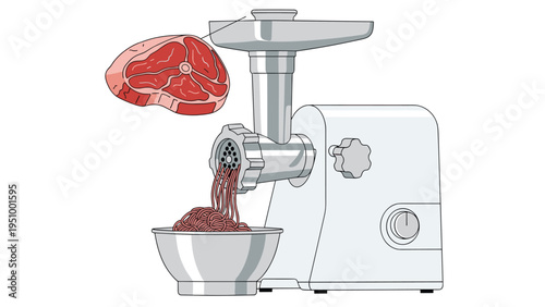 Electric meat grinder processing a fresh piece of raw beef into minced meat inside a metal bowl on a clean white background for kitchen use.